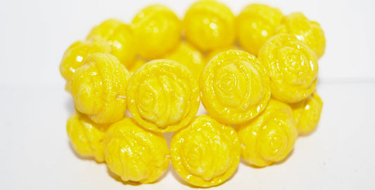 Round With Rose Flower Pressed Glass Beads, (Lava Glass Yellow), Glass, Czech Republic