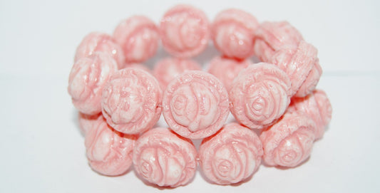 Round With Rose Flower Pressed Glass Beads, (Lava Glass Pink), Glass, Czech Republic