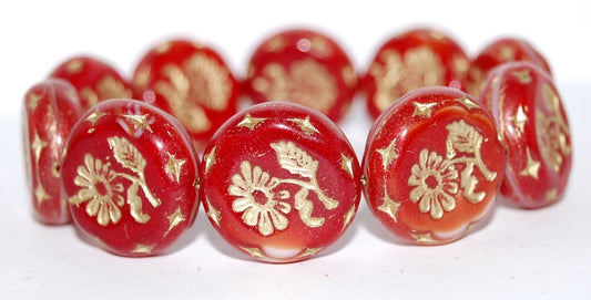 Round Flat With Flower Marguerite Pressed Glass Beads, Coral 54202 (7913 54202), Glass, Czech Republic