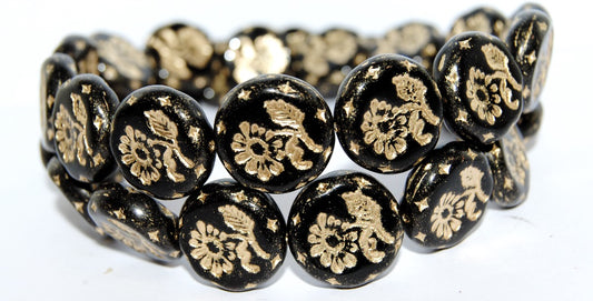 Round Flat With Flower Marguerite Pressed Glass Beads, Black 54202 (23980 54202), Glass, Czech Republic