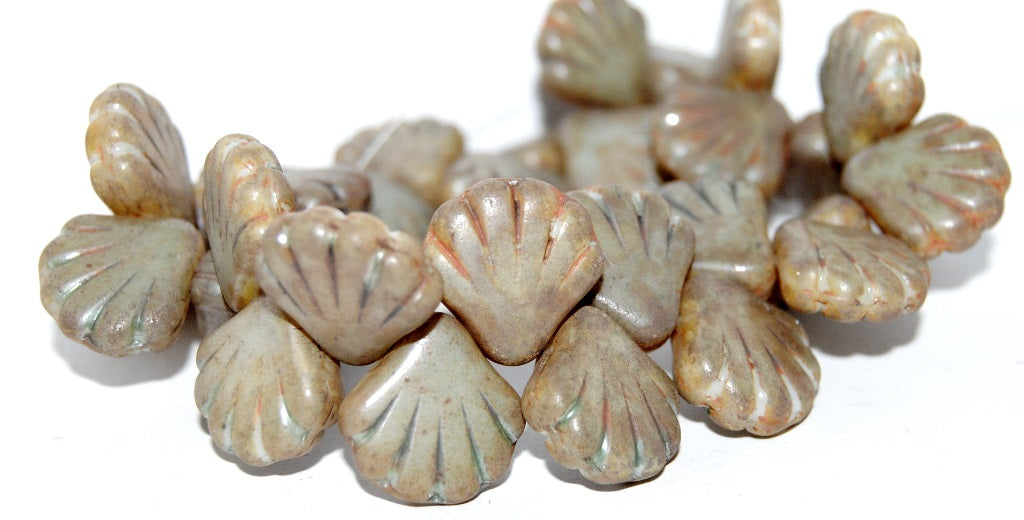 Scallop Seashell Pressed Glass Beads, Stain With Luster Green (65455), Glass, Czech Republic