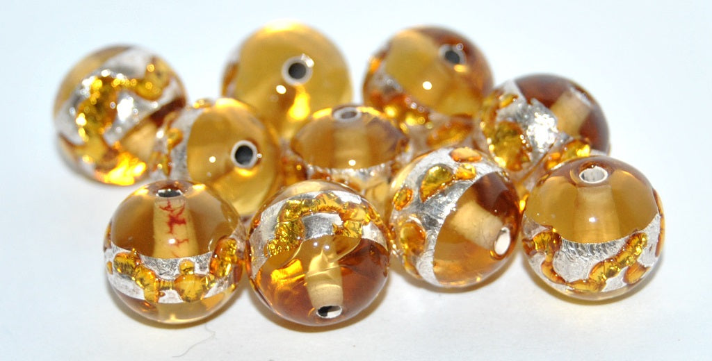 Czech Glass Hand Made Round Lampwork Beads With Silver Plates, (B), Glass, Czech Republic