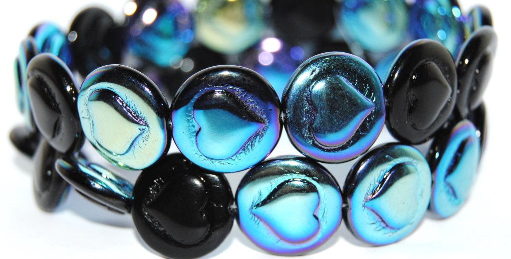 Round Flat Wit Convex Heart Pressed Glass Beads, Black Ab (23980 Ab), Glass, Czech Republic