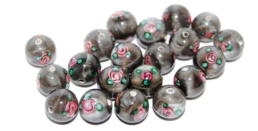 Czech Glass Hand Made Round Lampwork Beads With Flower, (10 C), Glass, Czech Republic