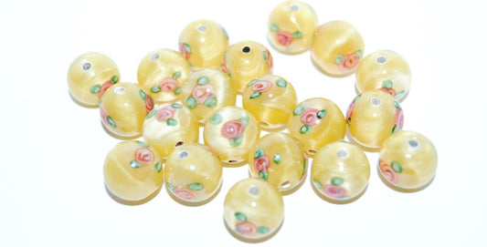 Czech Glass Hand Made Round Lampwork Beads With Flower, (10 D), Glass, Czech Republic