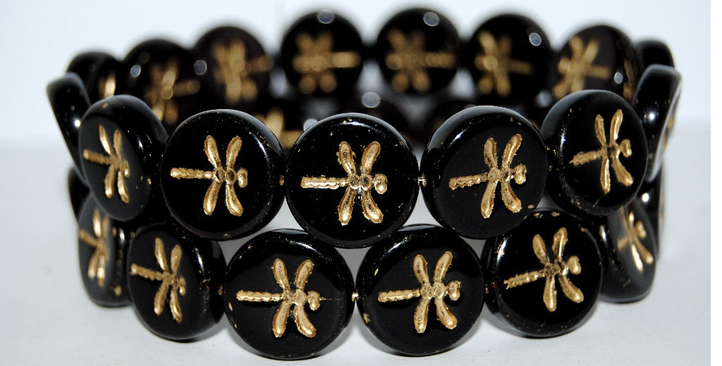 Round Flat Wit Dragonfly Pressed Glass Beads, Mixed Colors Purple Black 54202 (Mix Purple Black 54202), Glass, Czech Republic