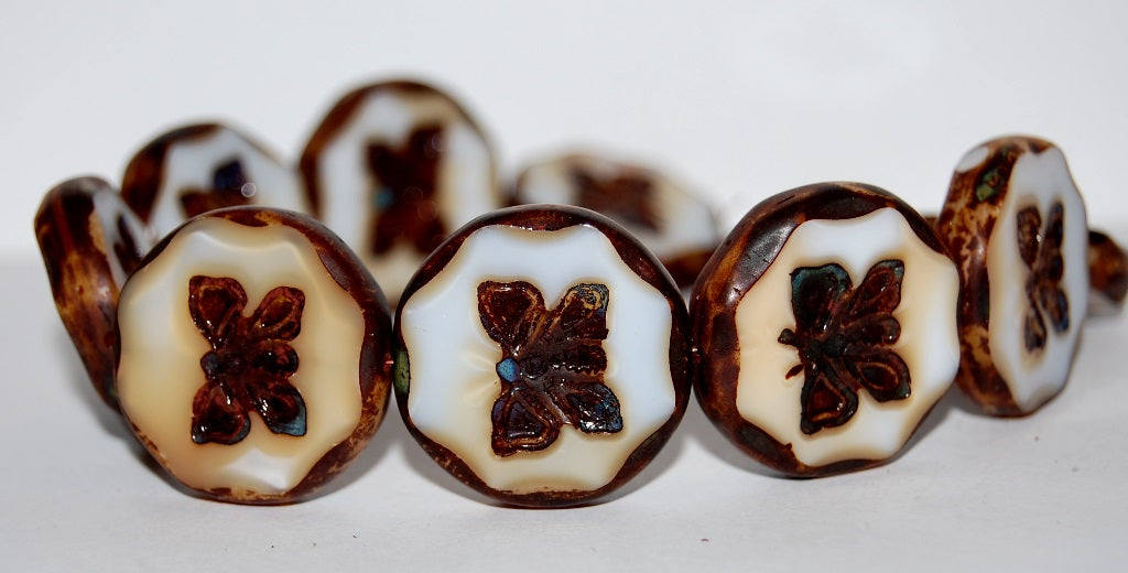 Table Cut Round Beads With Butterfly, Dark Beige Travertin (7193 86800), Glass, Czech Republic