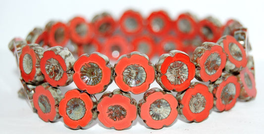 Table Cut Round Beads Hawaii Flowers, Red 43400 (93400 43400), Glass, Czech Republic