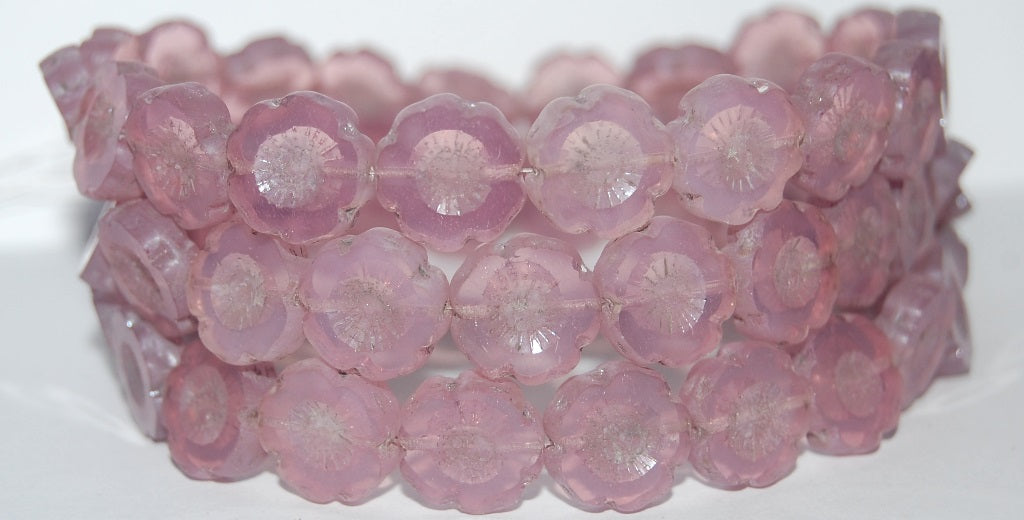 Table Cut Round Beads Hawaii Flowers, Opal Pink Hematite (71000 14400), Glass, Czech Republic