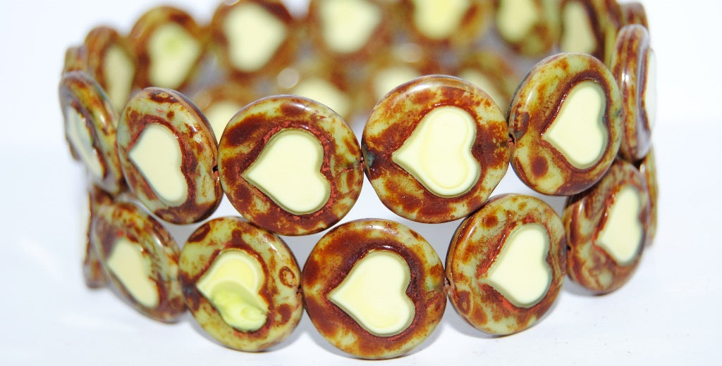 Table Cut Round Beads With Heart, 87553 Travertin (87553 86800), Glass, Czech Republic