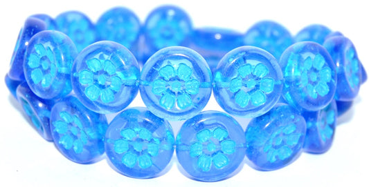 Round Flat With 6-Petal Flower Pressed Glass Beads, Transparent Blue 46460 (30040 46460), Glass, Czech Republic