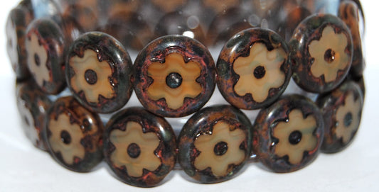 Table Cut Round Beads With Flower, Opal Orange Travertin (11000 86800), Glass, Czech Republic