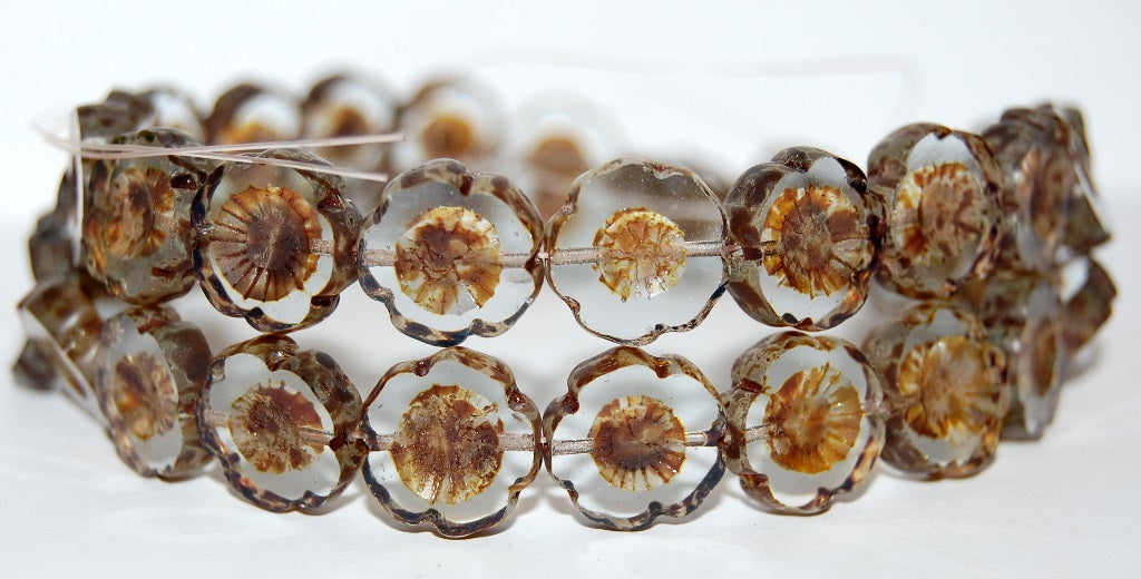 Table Cut Round Beads Hawaii Flowers, Transparent Blue Travertin (30010 86800), Glass, Czech Republic