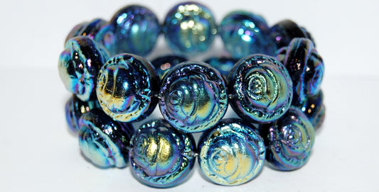 Round With Rose Flower Pressed Glass Beads, Transparent Dark Blue Ab 2X (30320 Ab 2X), Glass, Czech Republic