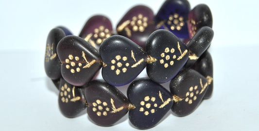 Heart With Simple Flower Pressed Glass Beads, Transparent Amethyst 54202 Matte (20080 54202 M), Glass, Czech Republic