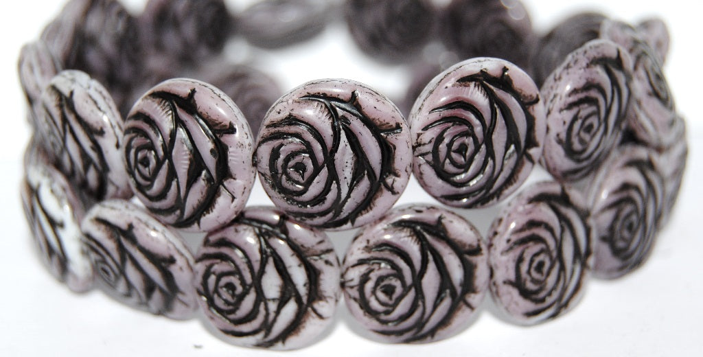 Round Flat Rose Flower Pressed Glass Beads, (7224 23202), Glass, Czech Republic
