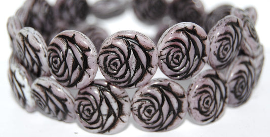 Round Flat Rose Flower Pressed Glass Beads, (7224 23202), Glass, Czech Republic