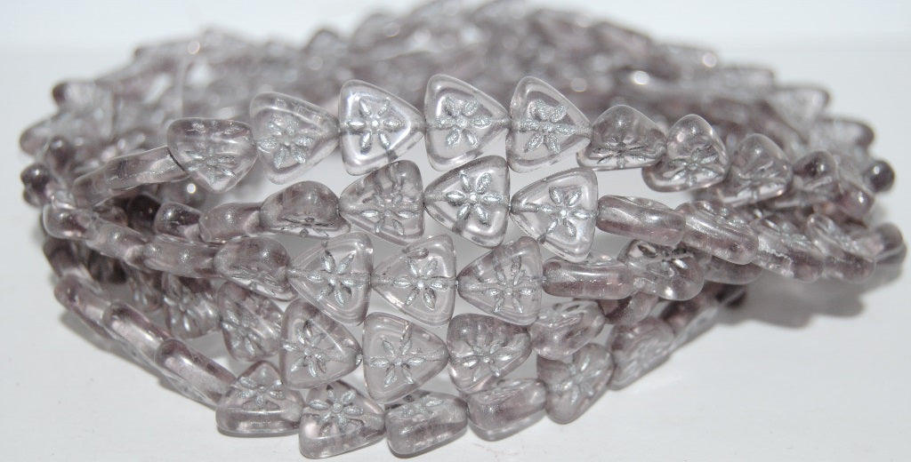Triangle Flat Wit Flower Pressed Glass Beads, Transparent Light Amethyst 54201 (20020 54201), Glass, Czech Republic