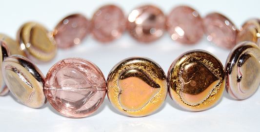 Round Flat Wit Convex Heart Pressed Glass Beads, Crystal 27101 (30 27101), Glass, Czech Republic