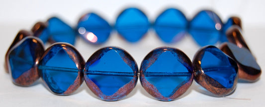 Table Cut Flat Round Beads With Rhomb, Transparent Aqua Bronze (60050 14415), Glass, Czech Republic