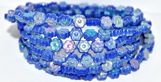 Hawaii Flower Pressed Glass Beads, Opaque Blue Ab 2Xside (33050 Ab 2Xside), Glass, Czech Republic