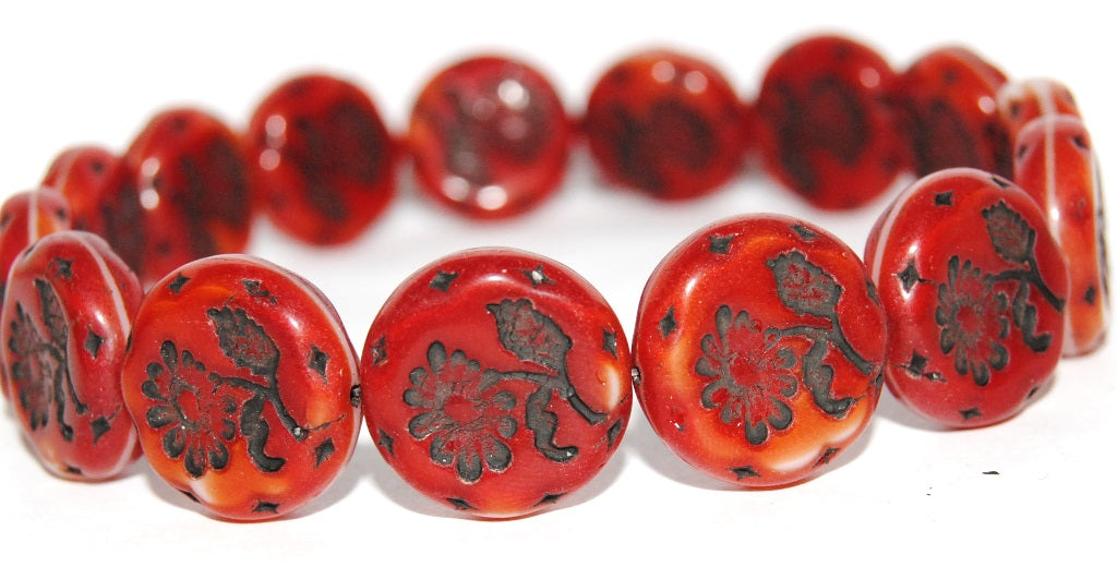 Round Flat With Flower Marguerite Pressed Glass Beads, Coral 23202 (7913 23202), Glass, Czech Republic