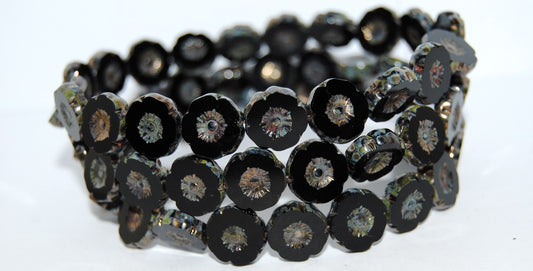 Table Cut Round Beads Hawaii Flowers, Black 43400 (23980 43400), Glass, Czech Republic