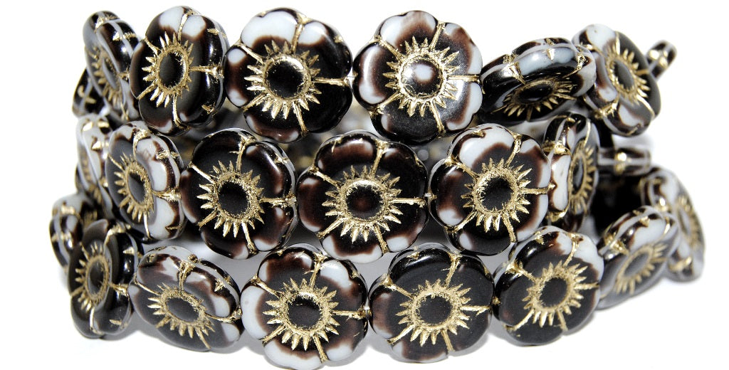 Round Flat Flower Pressed Glass Beads, (17025 54202), Glass, Czech Republic