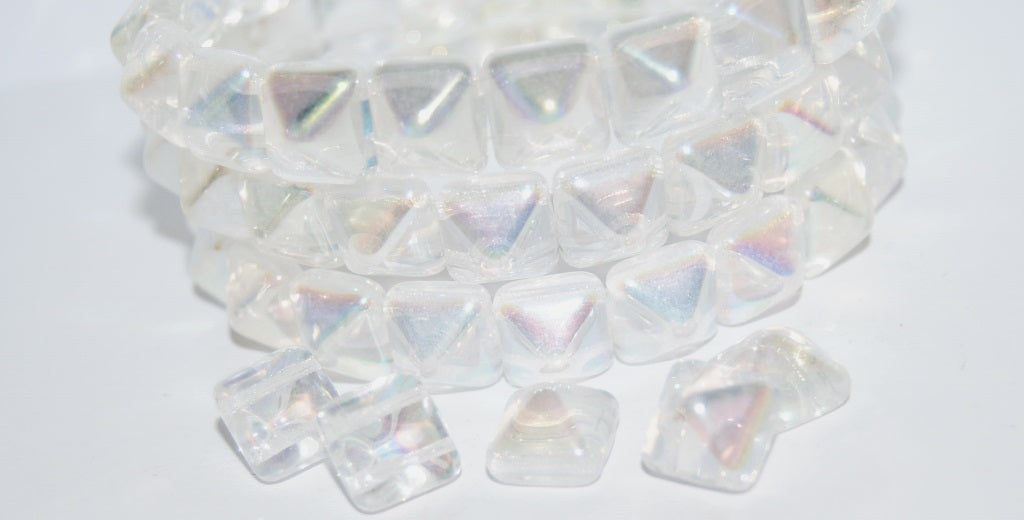 Pressed Glass Beads 2-Hole Square Pyramid, Crystal Ab (30 Ab), Glass, Czech Republic