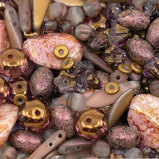 Mix of Unique Czech Bohemia Glass Pressed Beads, Matte and Glossy, Hand Made, Antique Copper Pink