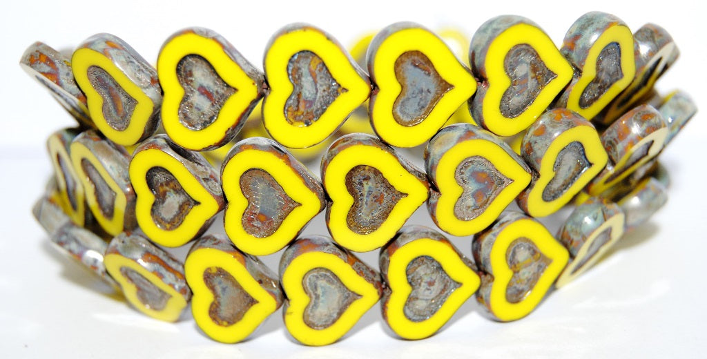 Table Cut Heart Beads With Heart, Yellow 43400 (83120 43400), Glass, Czech Republic