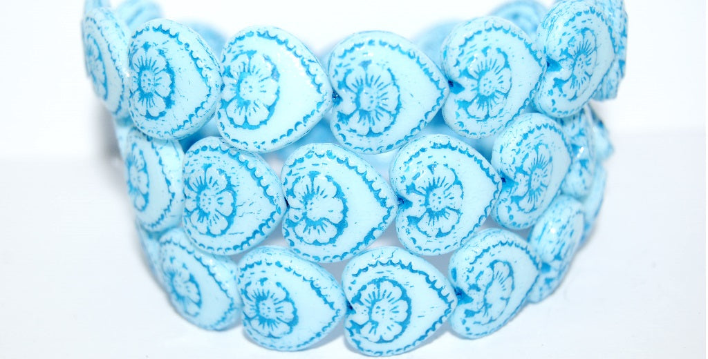 Heart With Flower Pressed Glass Beads, Blue 46460 (63000 46460), Glass, Czech Republic