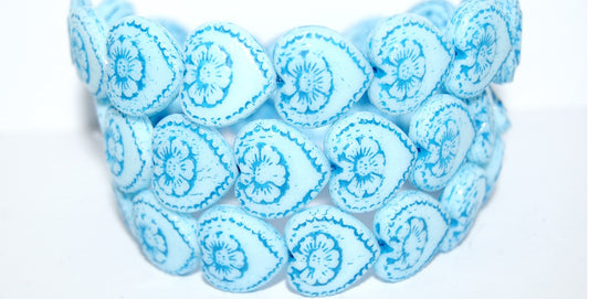 Heart With Flower Pressed Glass Beads, Blue 46460 (63000 46460), Glass, Czech Republic