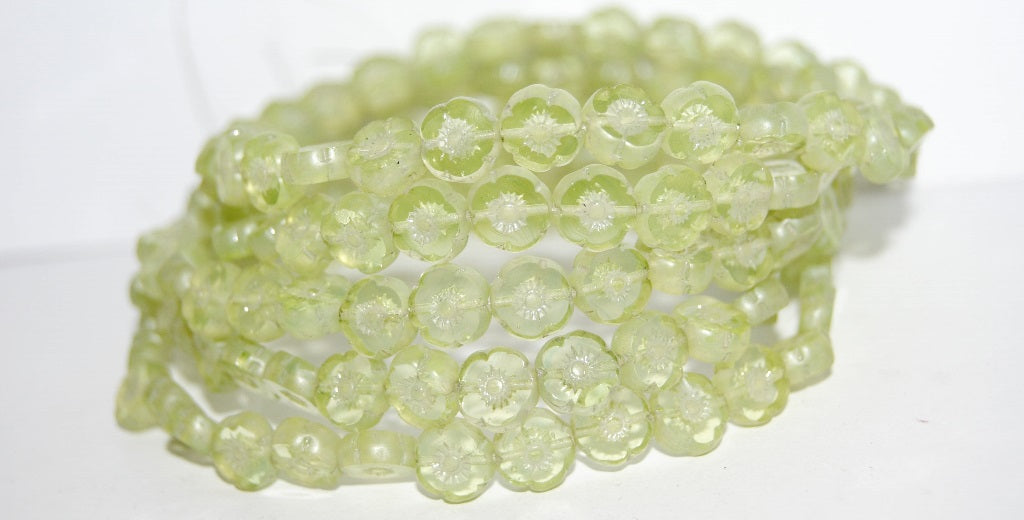 Table Cut Round Beads Hawaii Flowers, 80110 Luster Cream (80110 14401), Glass, Czech Republic