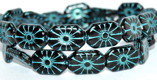 Rounded Rectangle With Flower Pressed Glass Beads, Black 43811 Metalic (23980 43811 Metalic), Glass, Czech Republic