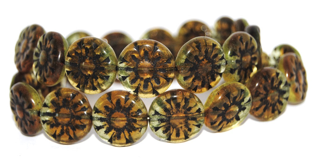 Flat Round With Flower Pressed Glass Beads, (17011 23202), Glass, Czech Republic