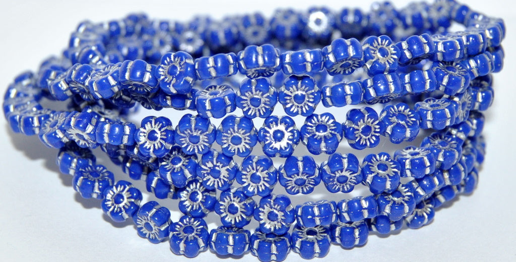 Hawaii Flower Pressed Glass Beads, Rich Blue 54201 (33060 54201), Glass, Czech Republic