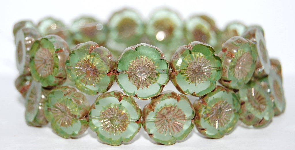 Table Cut Round Beads Hawaii Flowers, Transparent Green 43400 (50800 43400), Glass, Czech Republic