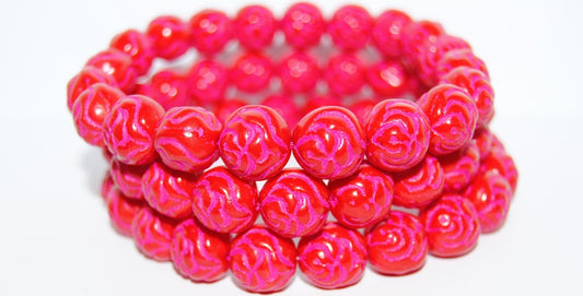 Round Rose Pressed Glass Beads, Red 46470 (93190 46470), Glass, Czech Republic