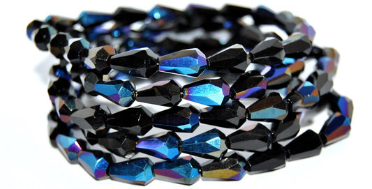 Czech Glass Faceted Fire Polished Beads Pear, Black Azuro (23980 Azuro), Glass, Czech Republic