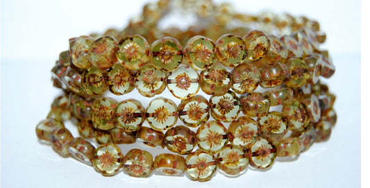 Table Cut Round Beads Hawaii Flowers, Transparent Yellow Travertin (80010 86800), Glass, Czech Republic