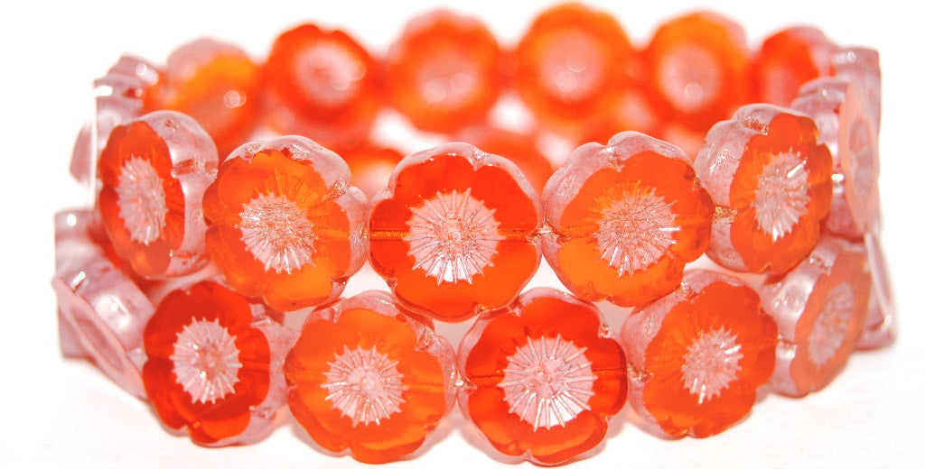 Table Cut Round Beads Hawaii Flowers, Transparent Orange Luster Cream (90020 14401), Glass, Czech Republic