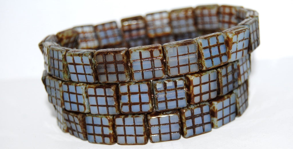Table Cut Square Beads With Grid, Opal Blue Travertin (31000 86800), Glass, Czech Republic