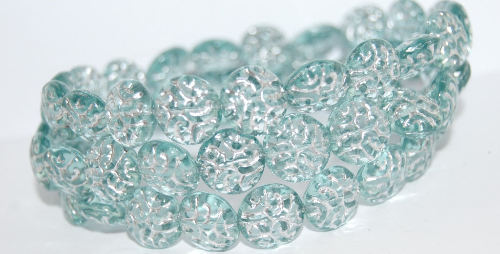 Lentil Round With Ornament Brain Pressed Glass Beads, Transparent Aqua 54201 (60010 54201), Glass, Czech Republic