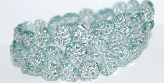 Lentil Round With Ornament Brain Pressed Glass Beads, Transparent Aqua 54201 (60010 54201), Glass, Czech Republic