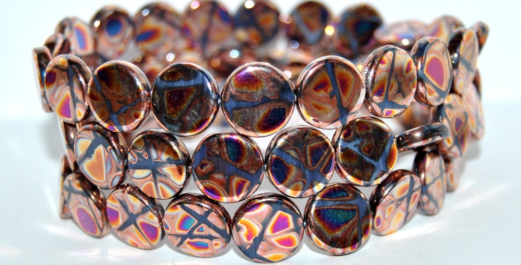 Flat Round Coin Pressed Glass Beads, (33070300 Fire Batika), Glass, Czech Republic