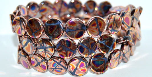 Flat Round Coin Pressed Glass Beads, (33070300 Fire Batika), Glass, Czech Republic