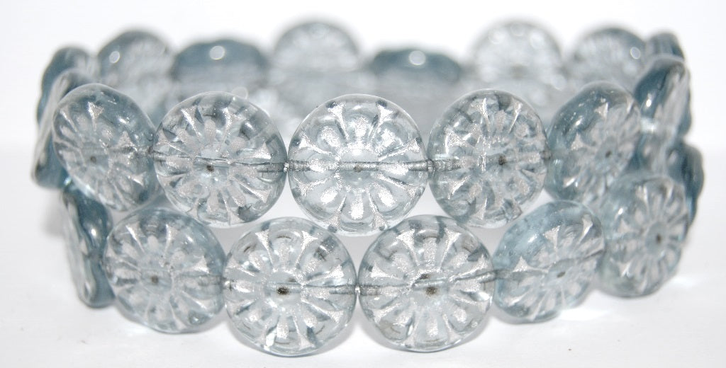 Flat Round With Flower Pressed Glass Beads, Transparent Blue 54201 (30020 54201), Glass, Czech Republic