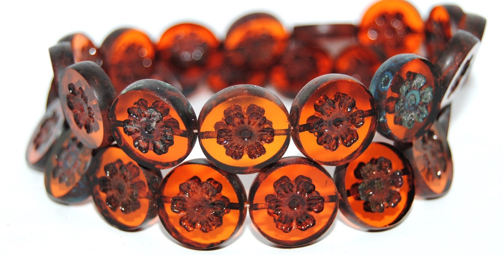 Table Cut Round Beads With Flower, Transparent Orange Travertin (90020 86800), Glass, Czech Republic