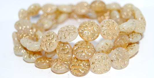 Lentil Round With Ornament Brain Pressed Glass Beads, (Beige Opal 54202), Glass, Czech Republic